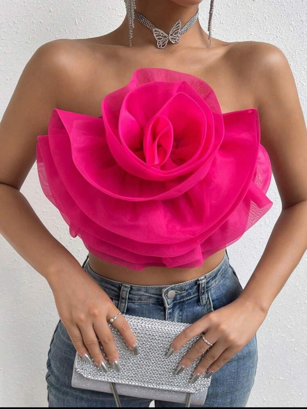 Strapless Fuchsia Ruffle Flower Crop Top - Picture 3 of 3